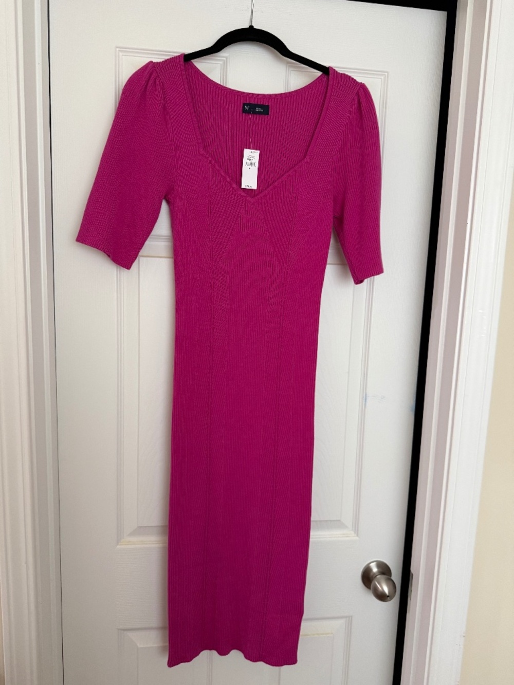 GAP Bright Pink Puff Sleeve Sweetheart Neckline Ribbed Midi Dress Size M NWT